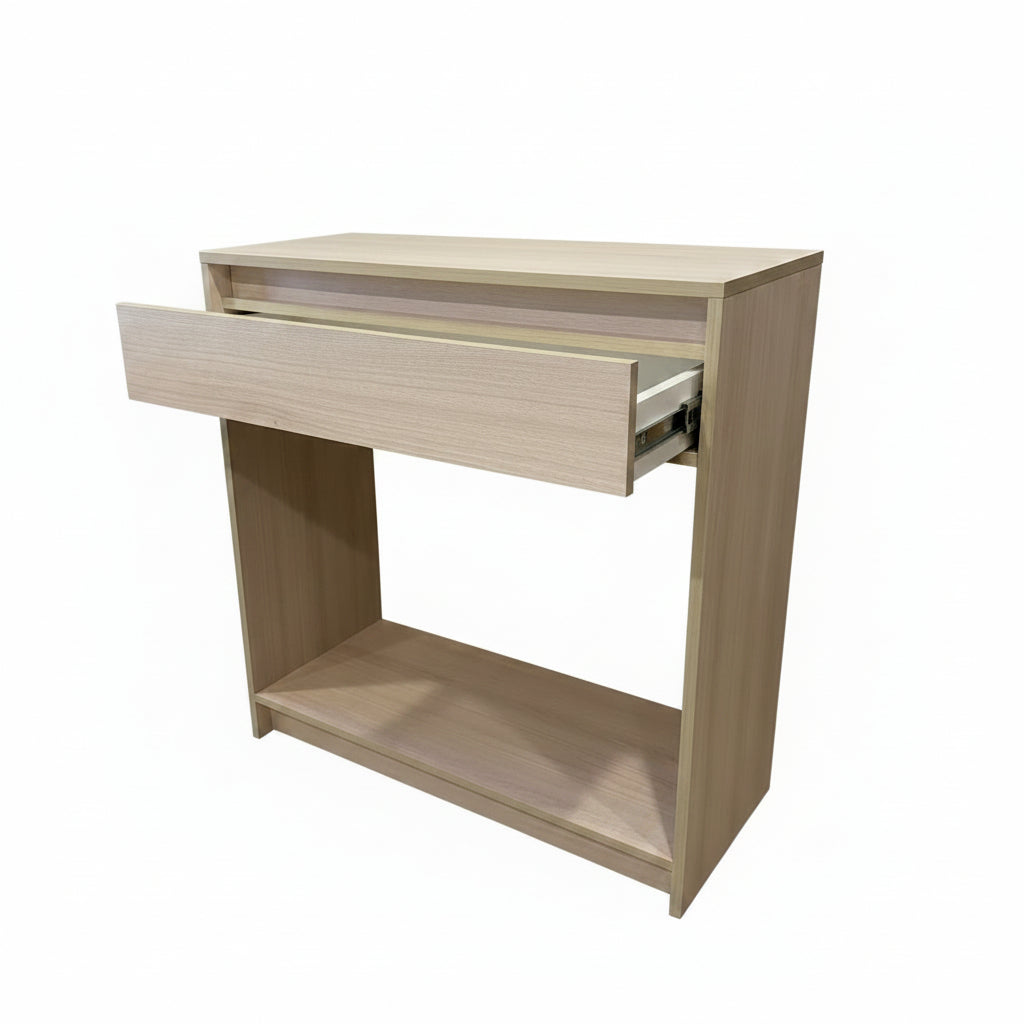 Mueble recibidor maderado claro.